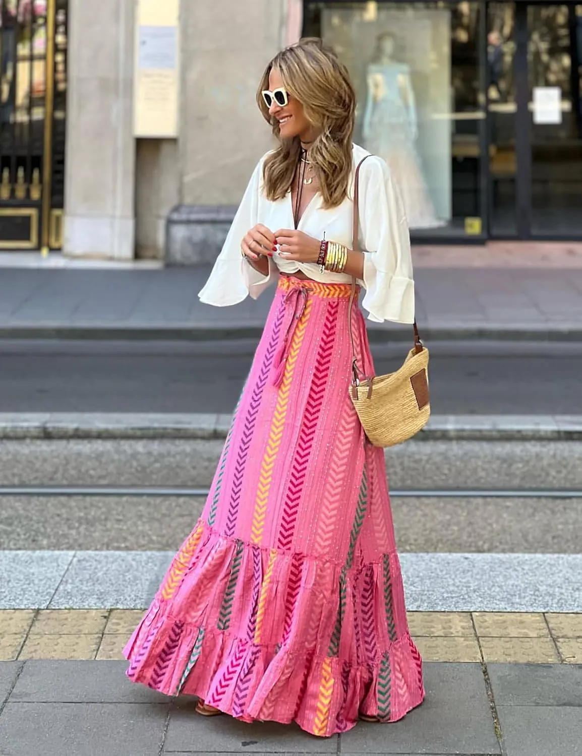 Perbai Women's Floral Print Boho Maxi Skirt High Waisted A Line Pleated Ruffle Flowy Long Skirts
