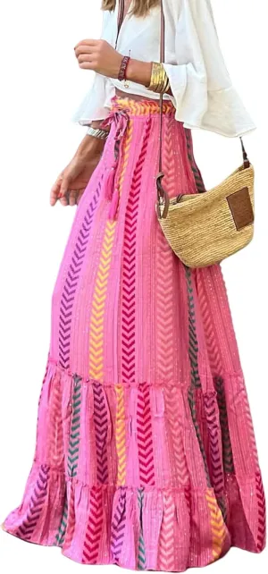 Perbai Women's Floral Print Boho Maxi Skirt High Waisted A Line Pleated Ruffle Flowy Long Skirts