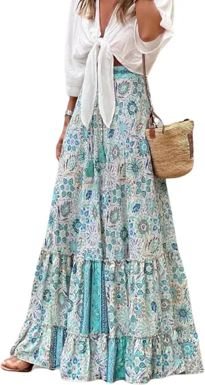 Perbai Women's Floral Print Boho Maxi Skirt High Waisted A Line Pleated Ruffle Flowy Long Skirts