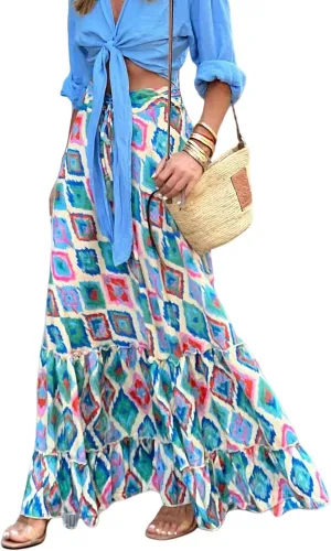 Perbai Women's Floral Print Boho Maxi Skirt High Waisted A Line Pleated Ruffle Flowy Long Skirts