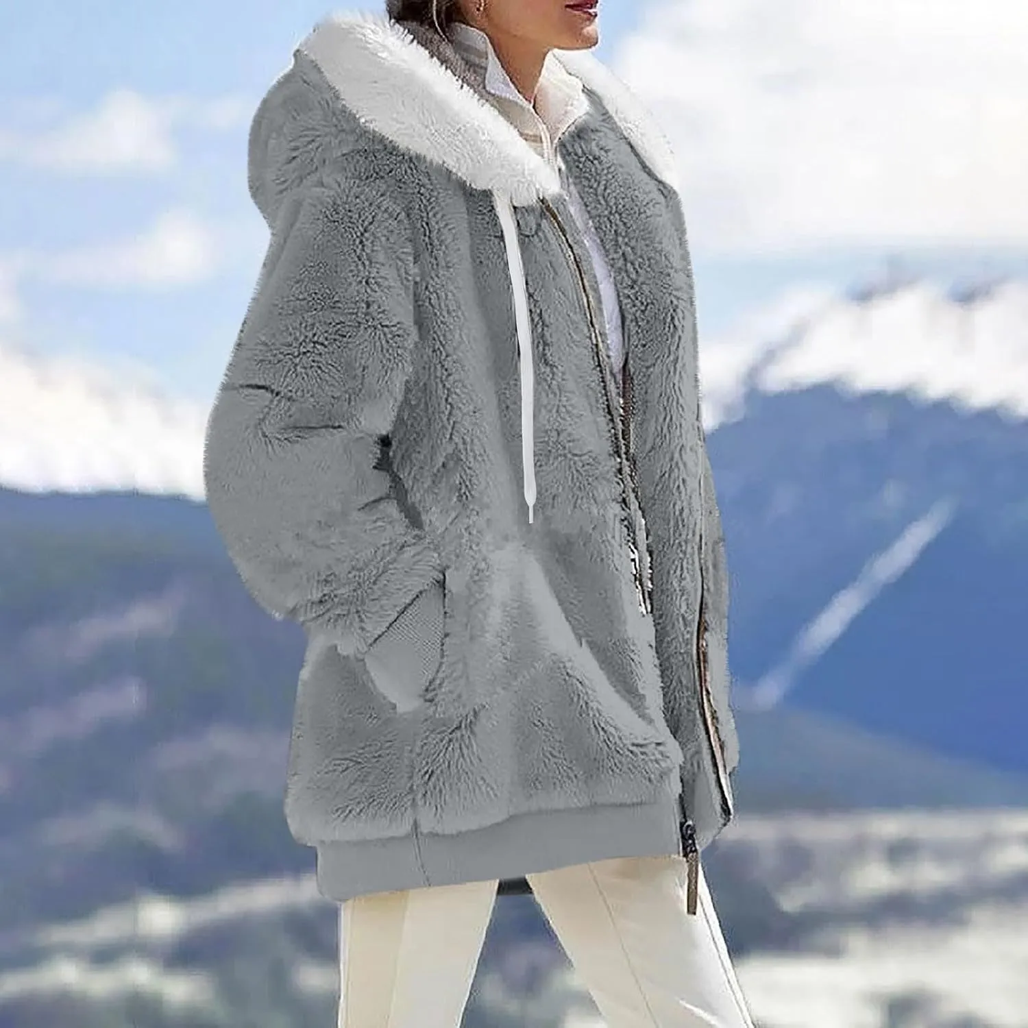 PETYCZEN Winter Jackets for Women Warm Fuzzy Sherpa Lined Plus Size Coats Casual Long Sleeve Zip Up Fleece Jacket Outerwear
