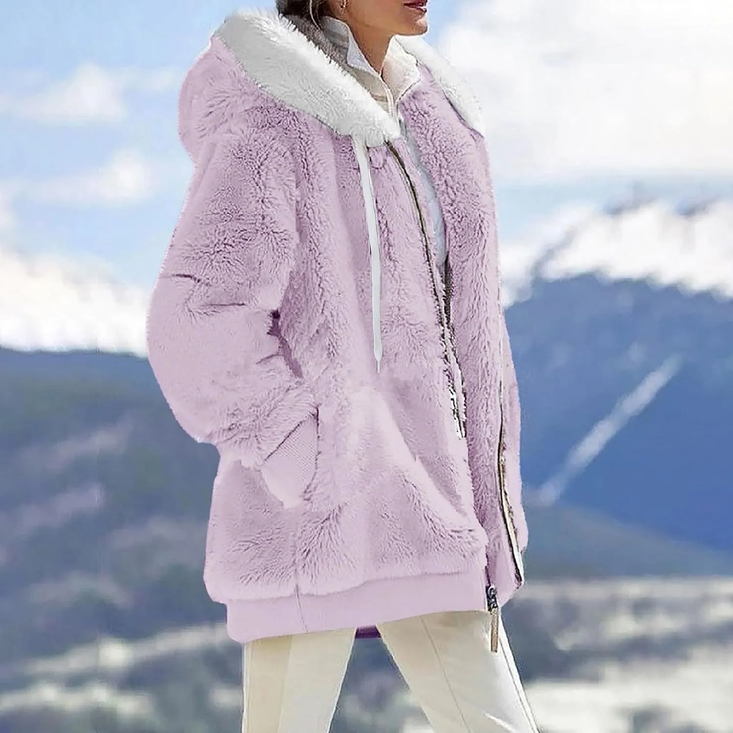 PETYCZEN Winter Jackets for Women Warm Fuzzy Sherpa Lined Plus Size Coats Casual Long Sleeve Zip Up Fleece Jacket Outerwear