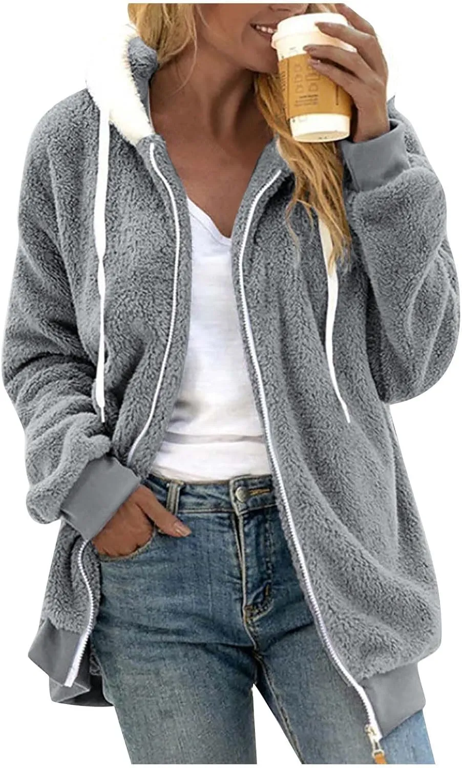 PETYCZEN Winter Jackets for Women Warm Fuzzy Sherpa Lined Plus Size Coats Casual Long Sleeve Zip Up Fleece Jacket Outerwear
