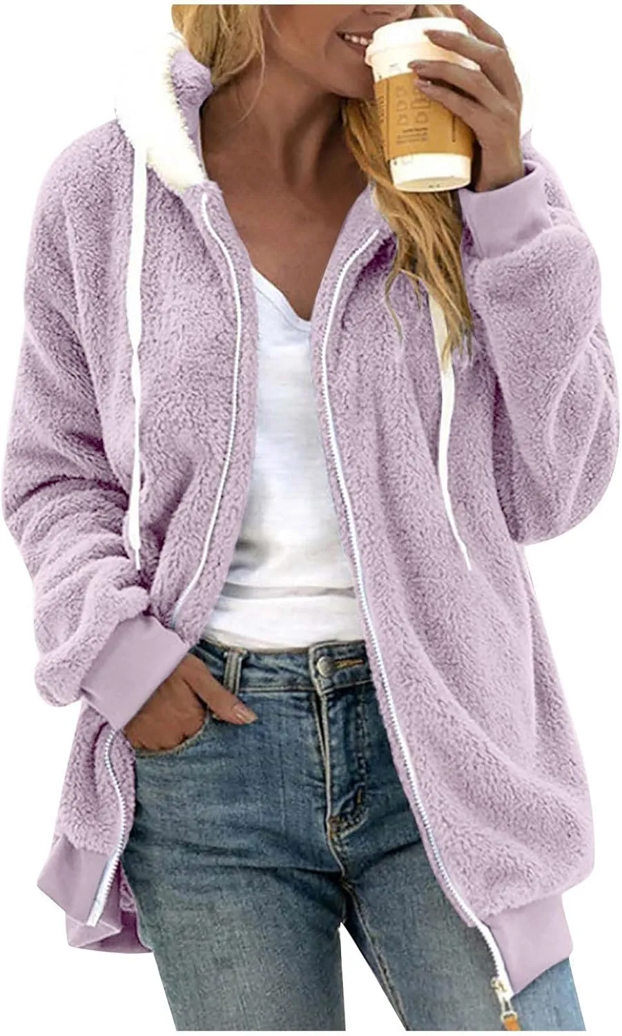 PETYCZEN Winter Jackets for Women Warm Fuzzy Sherpa Lined Plus Size Coats Casual Long Sleeve Zip Up Fleece Jacket Outerwear