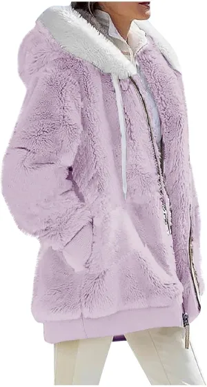 PETYCZEN Winter Jackets for Women Warm Fuzzy Sherpa Lined Plus Size Coats Casual Long Sleeve Zip Up Fleece Jacket Outerwear
