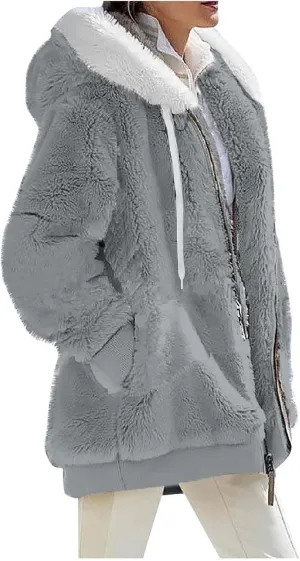 PETYCZEN Winter Jackets for Women Warm Fuzzy Sherpa Lined Plus Size Coats Casual Long Sleeve Zip Up Fleece Jacket Outerwear