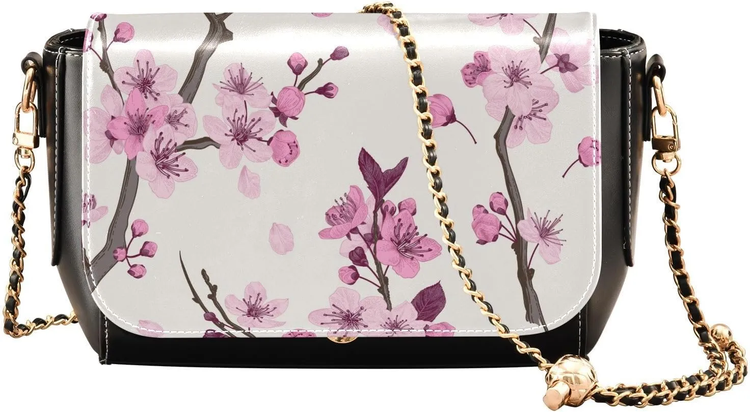 Pink Cherry Blossom Crossbody Bags for Women, Trendy Small Shoulder Bag, PU Leather Clutch Purse Underarm Handbag Satchel HandBag with Adjustable Metal Chain
