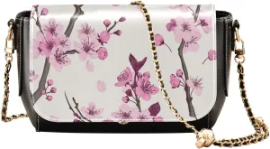 Pink Cherry Blossom Crossbody Bags for Women, Trendy Small Shoulder Bag, PU Leather Clutch Purse Underarm Handbag Satchel HandBag with Adjustable Metal Chain