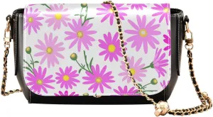 Pink Daisy Pattern Crossbody Bags for Women, Trendy Small Shoulder Bag, PU Leather Clutch Purse Underarm Handbag Satchel HandBag with Adjustable Metal Chain