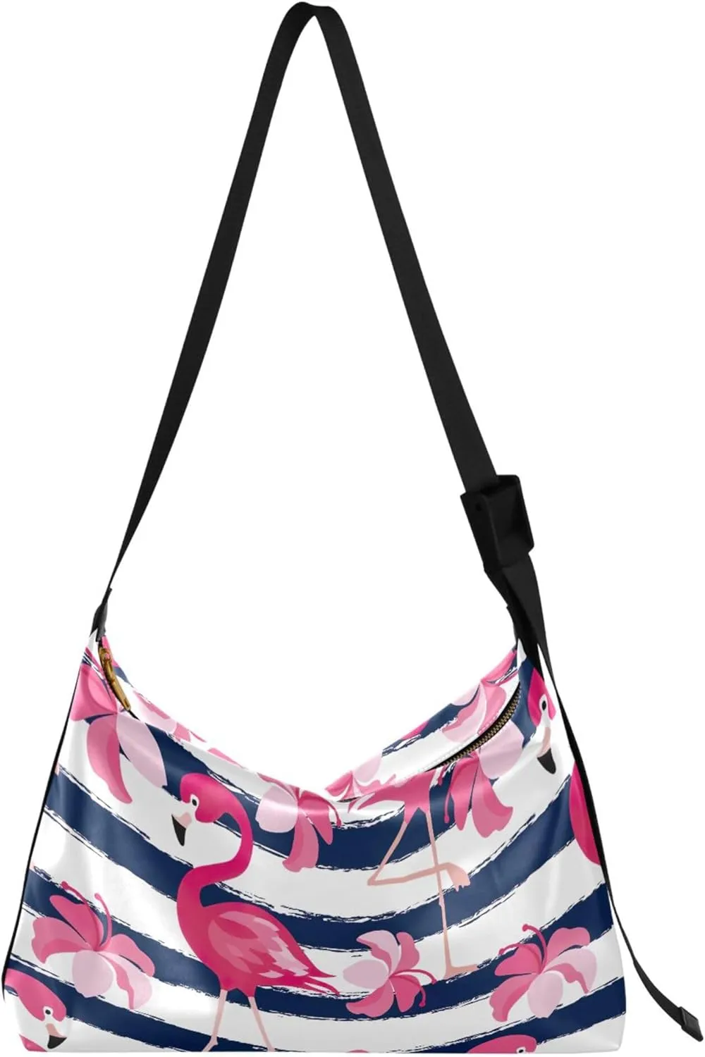Pink Flamingo Blue Stripes Hobo Women Handbag Leather Large Cross Body Purses Animal Print Women Shoulder Hobo Bag