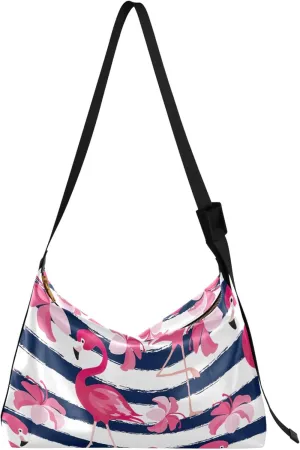 Pink Flamingo Blue Stripes Hobo Women Handbag Leather Large Cross Body Purses Animal Print Women Shoulder Hobo Bag