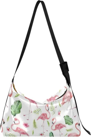 Pink Flamingos Tropical Leaves Hobo Women Handbag Leather Cross Body Men Bag Design Leaf Print Women Purse Hobo Bags