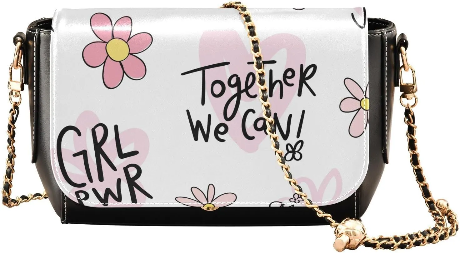 Pink Flower and Heart Crossbody Bags for Women, Trendy Small Shoulder Bag, PU Leather Clutch Purse Underarm Handbag Satchel HandBag with Adjustable Metal Chain