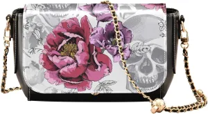 Pink Peony and Skulls Crossbody Bags for Women, Trendy Small Shoulder Bag, PU Leather Clutch Purse Underarm Handbag Satchel HandBag with Adjustable Metal Chain