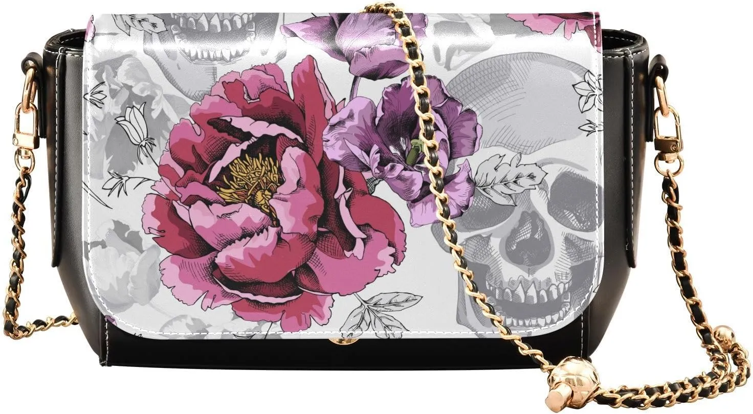 Pink Peony and Skulls Crossbody Bags for Women, Trendy Small Shoulder Bag, PU Leather Clutch Purse Underarm Handbag Satchel HandBag with Adjustable Metal Chain
