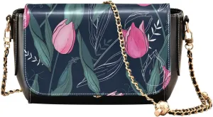 Pink Tulip Crossbody Bags for Women, Trendy Small Shoulder Bag, PU Leather Clutch Purse Underarm Handbag Satchel HandBag with Adjustable Metal Chain
