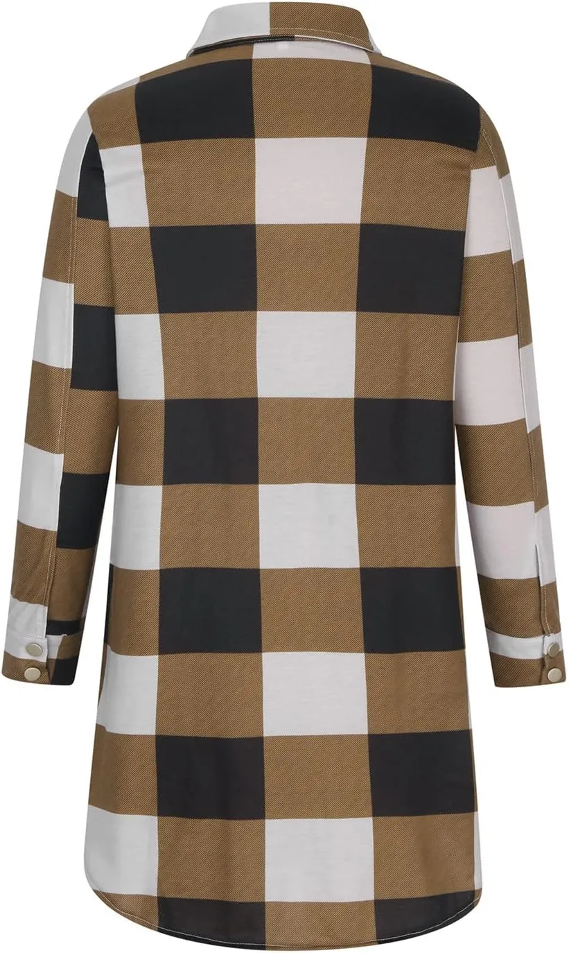 Plaid Button Down Shirts for Women Oversized Long Sleeve Flannel Jackets Loose Fit Fall Tops Hoodies with Pocket