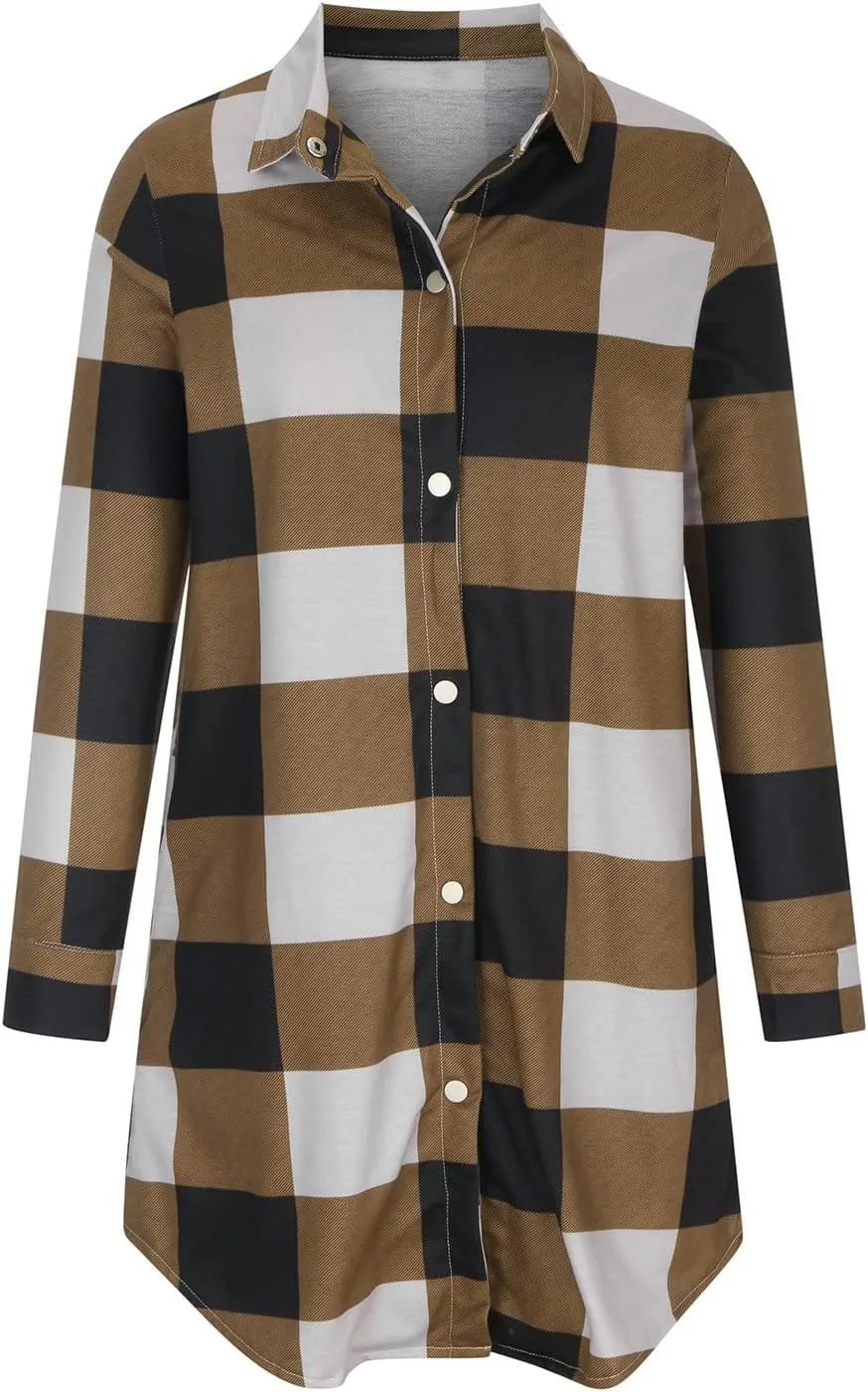 Plaid Button Down Shirts for Women Oversized Long Sleeve Flannel Jackets Loose Fit Fall Tops Hoodies with Pocket