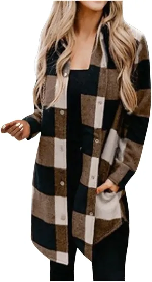 Plaid Button Down Shirts for Women Oversized Long Sleeve Flannel Jackets Loose Fit Fall Tops Hoodies with Pocket