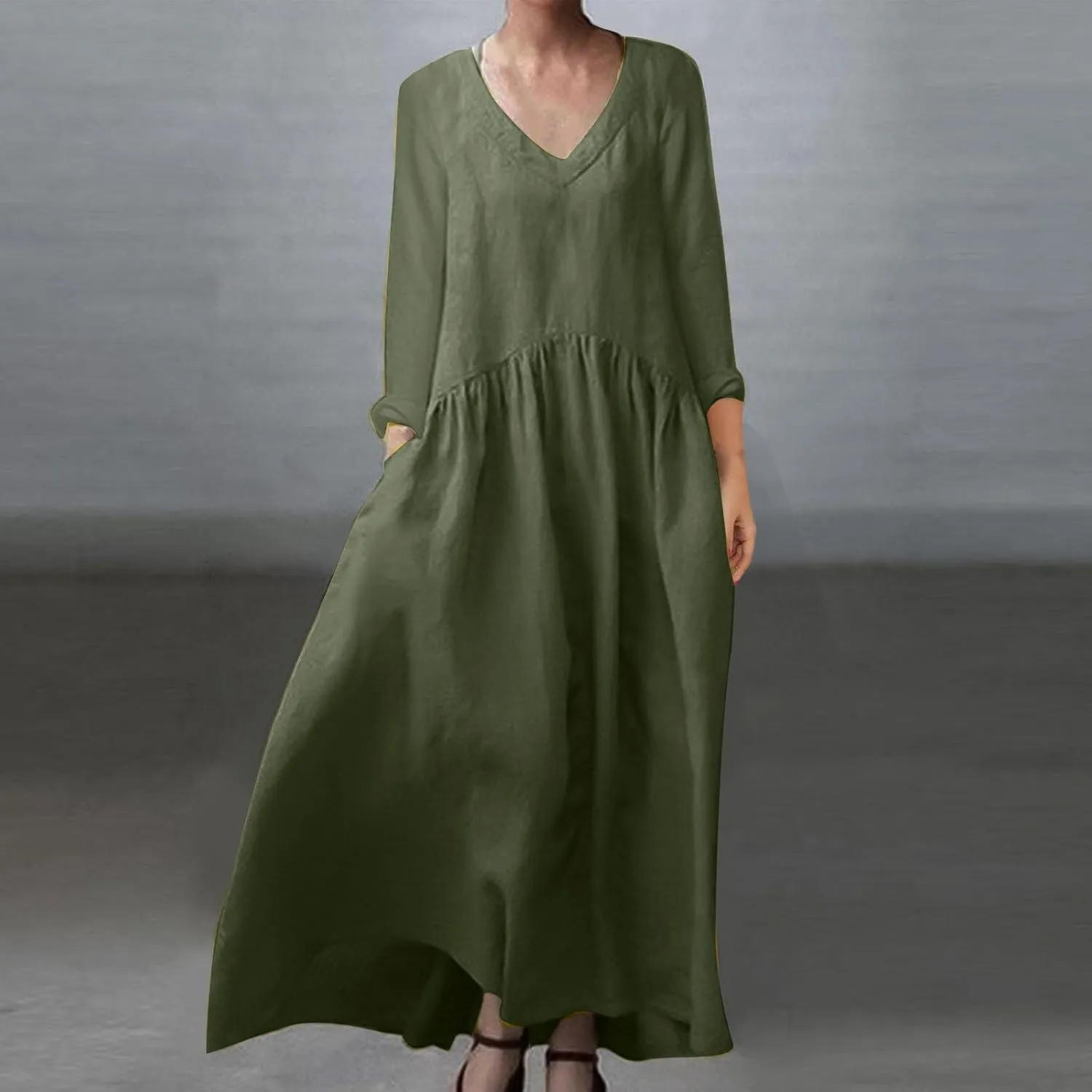 Plus Size Dresses for Women Ladies V Neck Solid Color Cotton and Linen Casual Pocket Long Sleeved Cute Dress