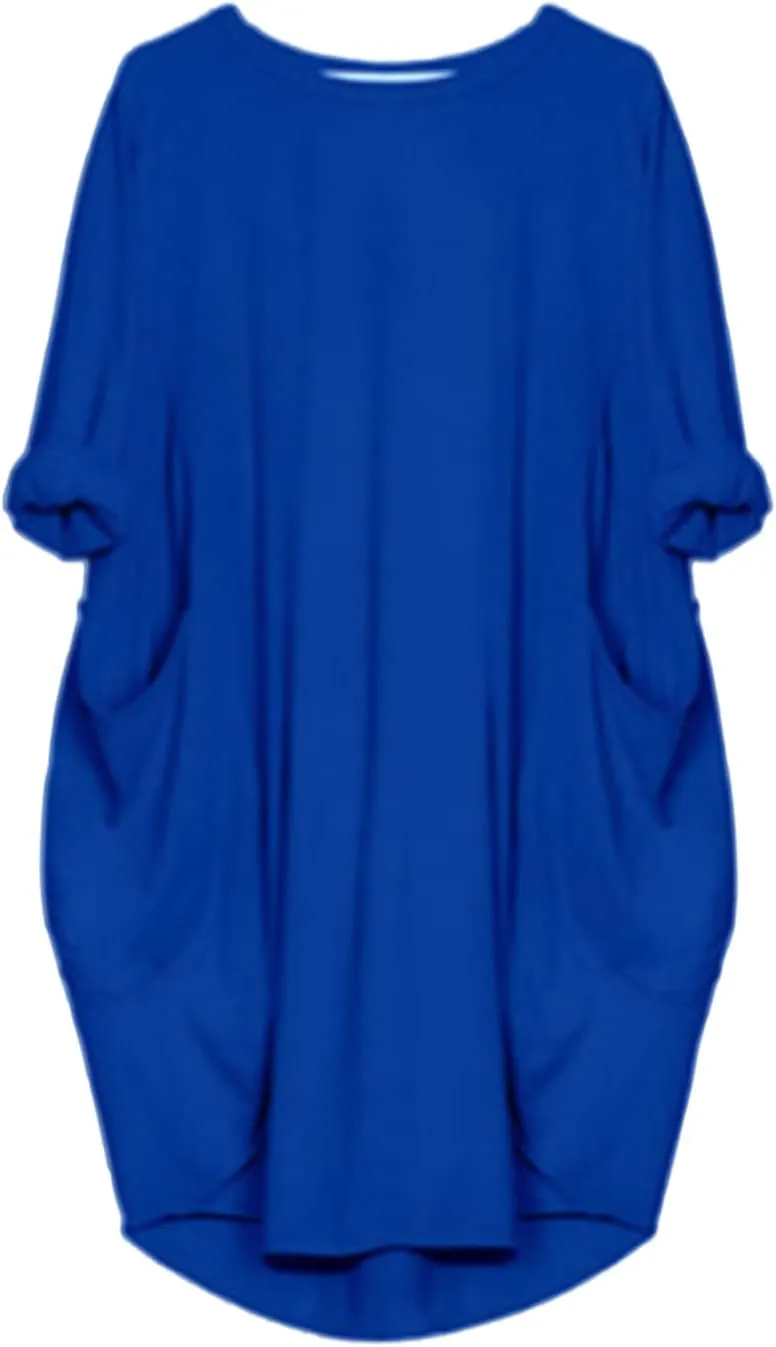Plus Size Dresses for Women Oversized T Shirt Midi Dress Roll-Up Sleeve Crewneck Dress Baggy Dresses with Pockets