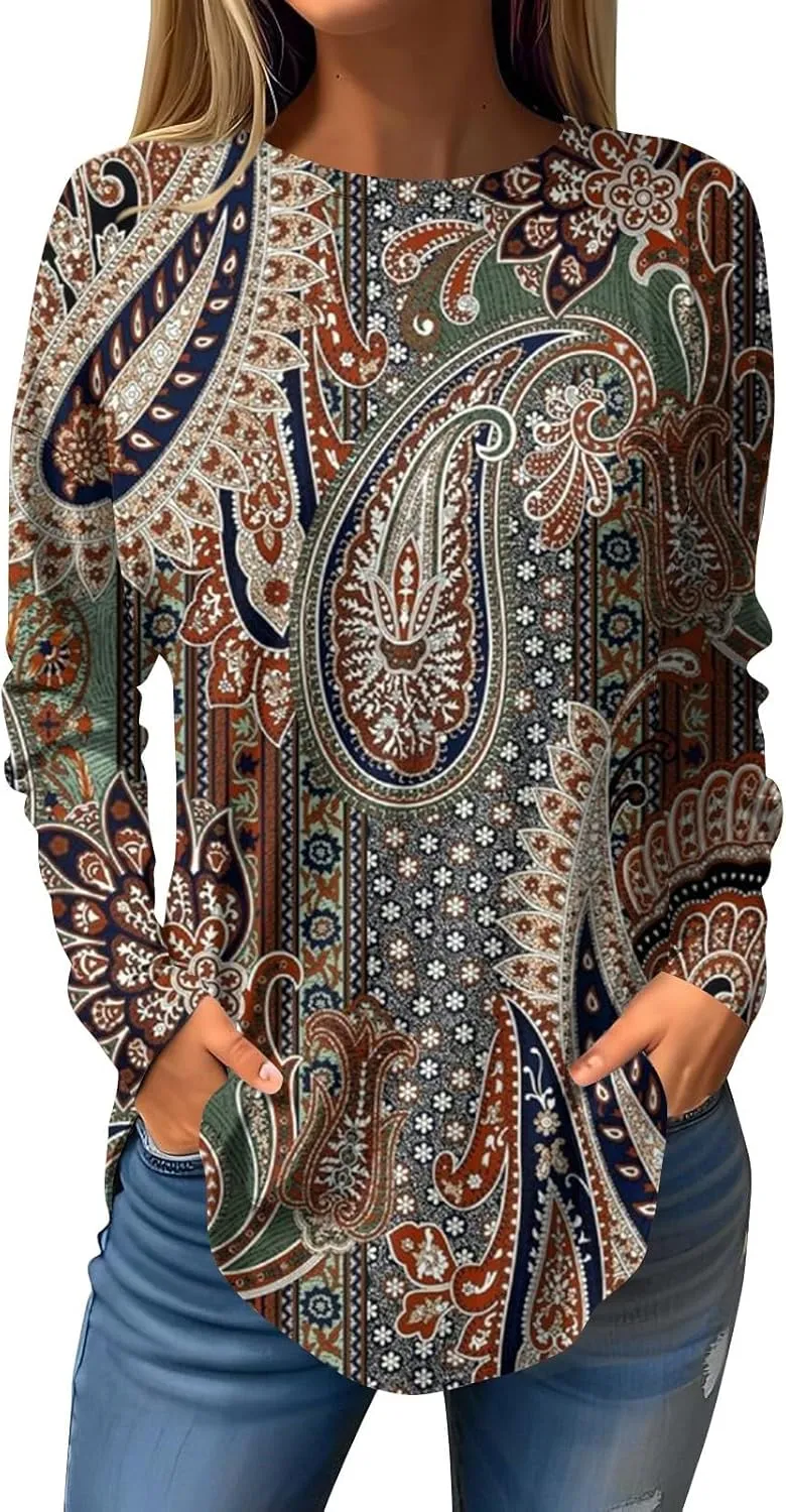 Plus Size Tops for Women Loose Round Neck T Shirts Fall Pullover Casual Blouse Floral Printing Long Sleeve Sweatshirt