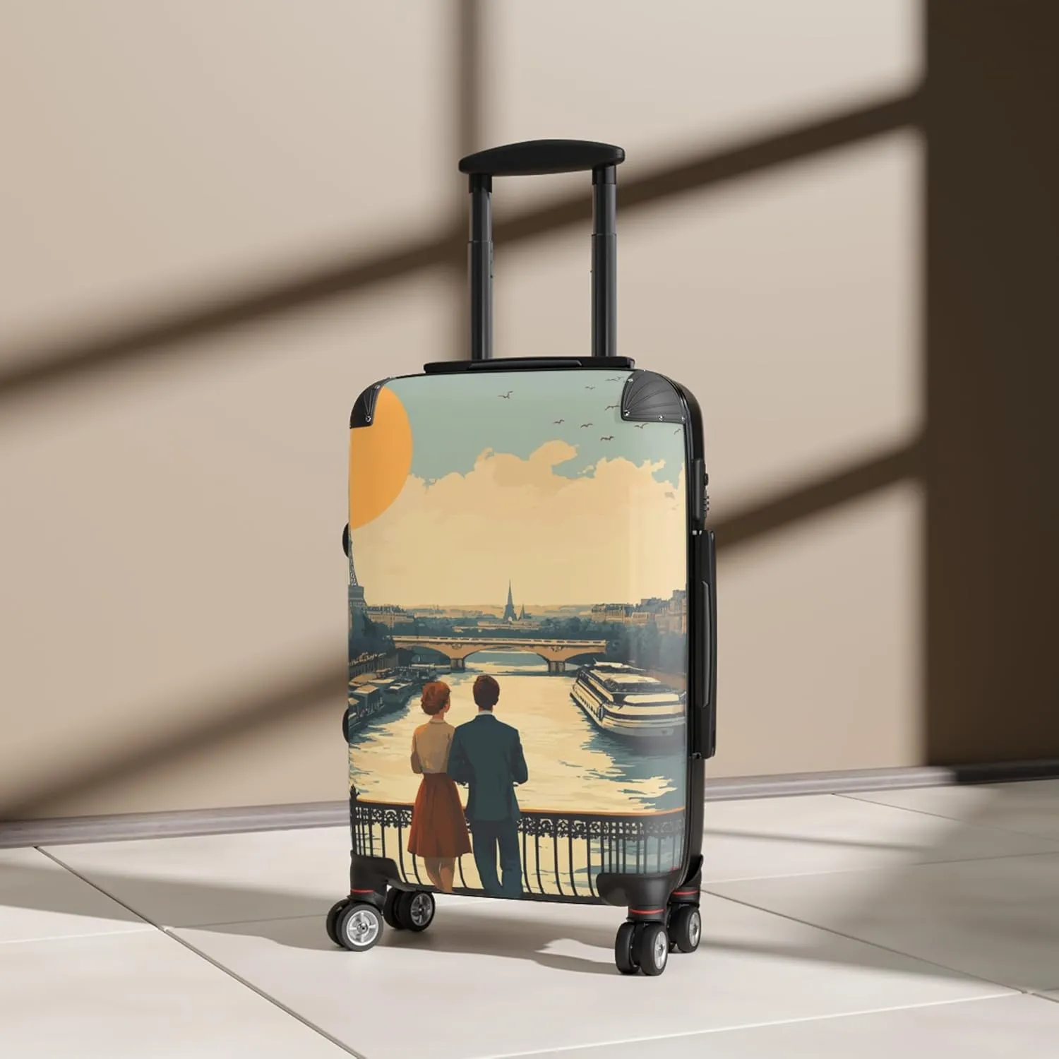 Polycarbonate Hard Shell Suitcase with Paris Scenery, 360 Swivel Wheels, Adjustable Handle, 3 Sizes
