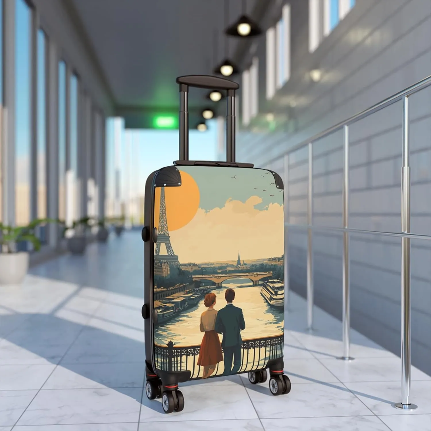 Polycarbonate Hard Shell Suitcase with Paris Scenery, 360 Swivel Wheels, Adjustable Handle, 3 Sizes