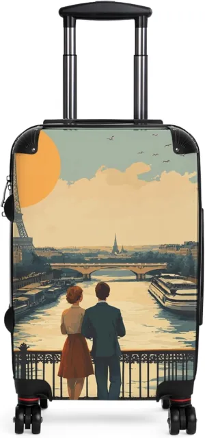 Polycarbonate Hard Shell Suitcase with Paris Scenery, 360 Swivel Wheels, Adjustable Handle, 3 Sizes