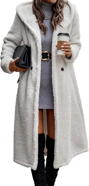 PRETTYGARDEN Women's Fashion Winter Coats Fuzzy Fleece Long Hooded Jackets Button Down Faux Fur Warm Outerwear