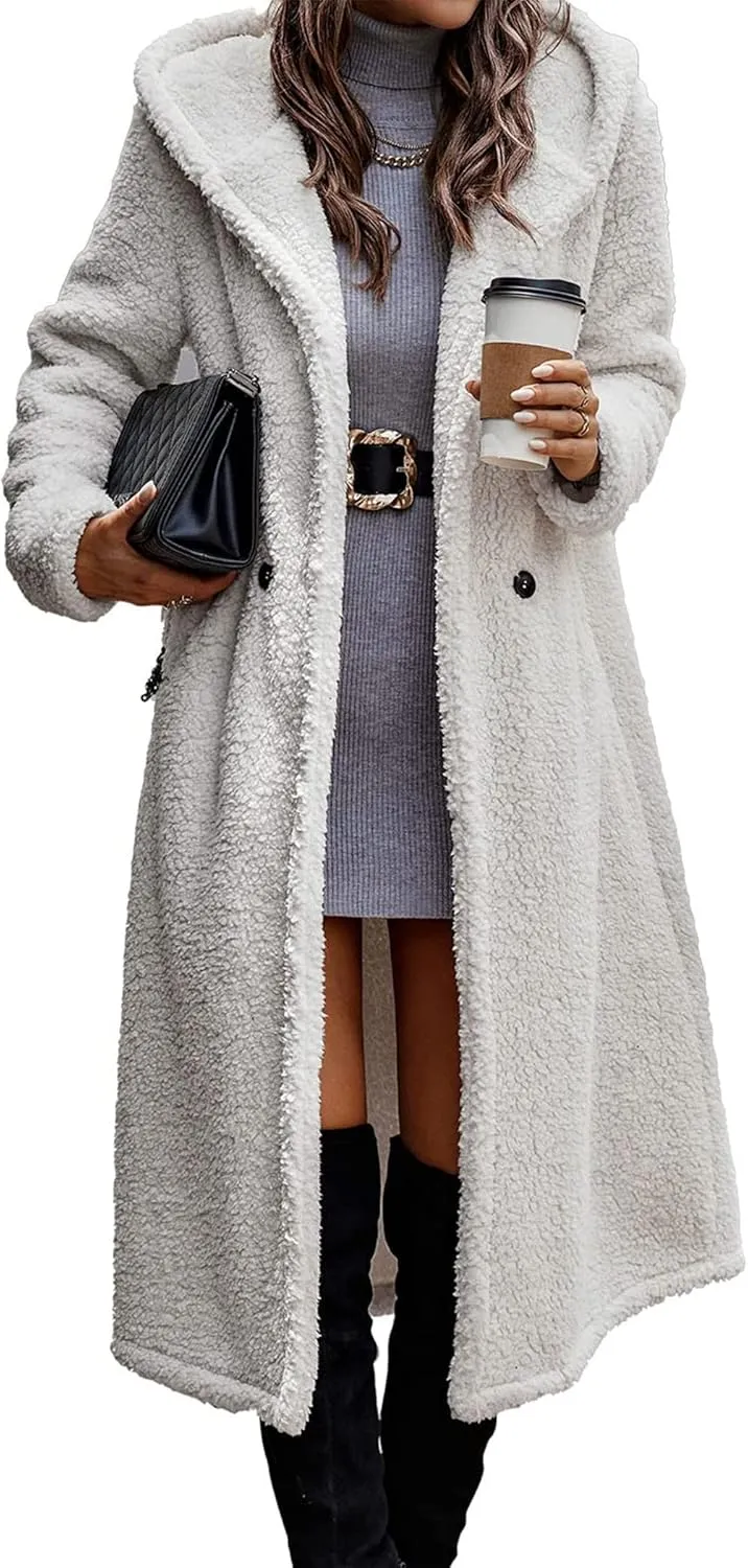 PRETTYGARDEN Women's Fashion Winter Coats Fuzzy Fleece Long Hooded Jackets Button Down Faux Fur Warm Outerwear