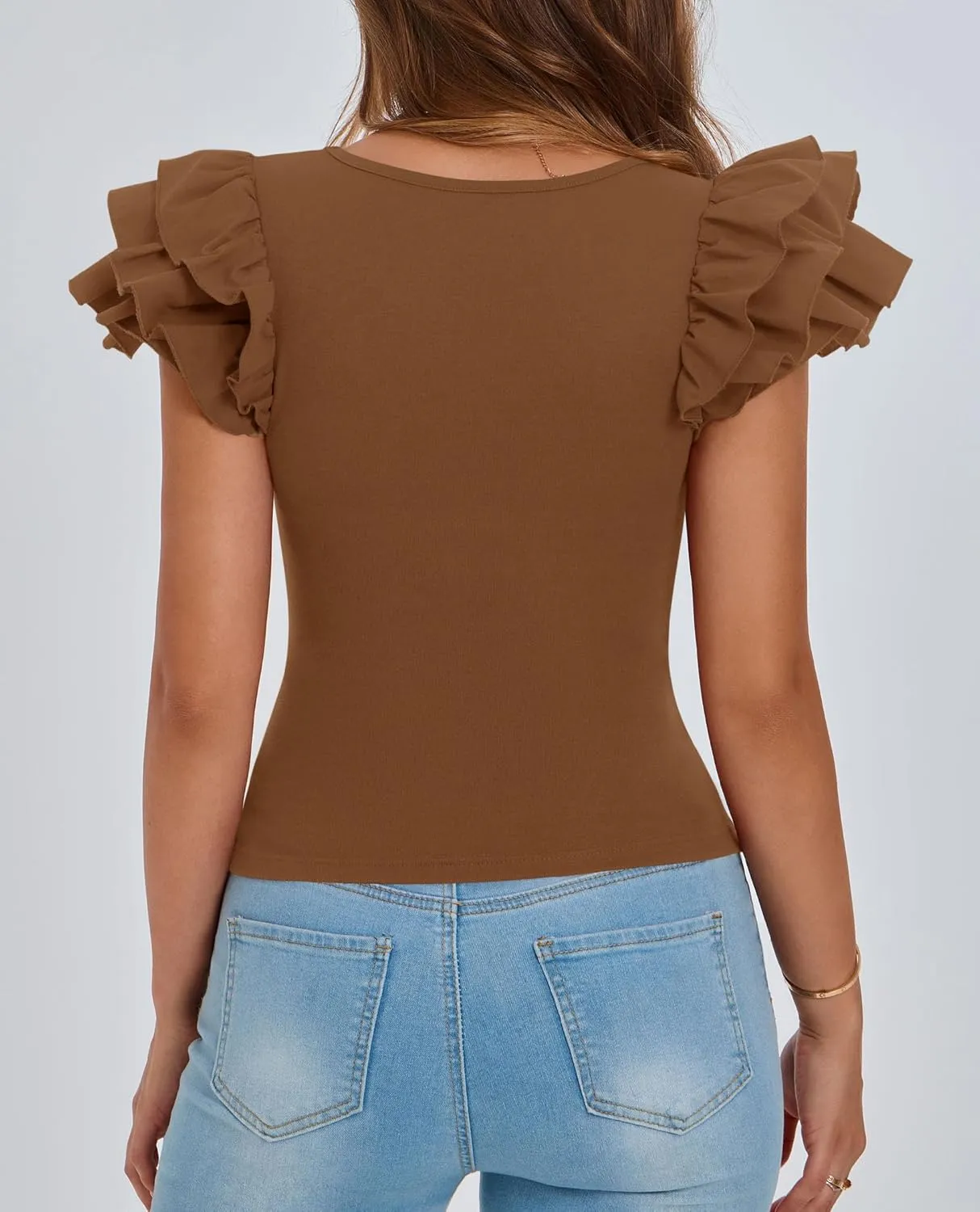 PRETTYGARDEN Womens Ruffle Short Sleeve Crew Neck Shirts 2025 Summer Casual Basic Tee Cute Fitted Fashion Tops Clothes