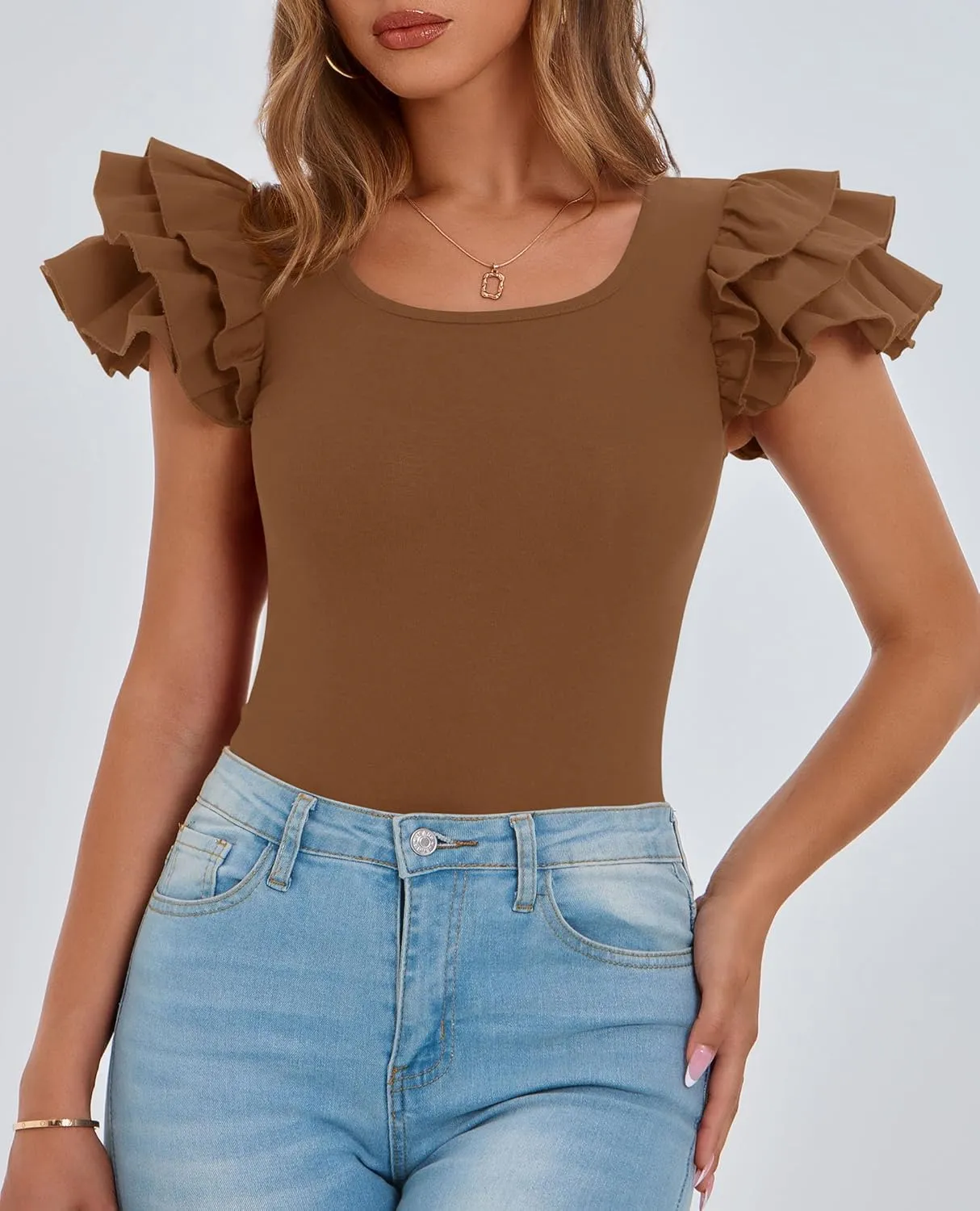 PRETTYGARDEN Womens Ruffle Short Sleeve Crew Neck Shirts 2025 Summer Casual Basic Tee Cute Fitted Fashion Tops Clothes