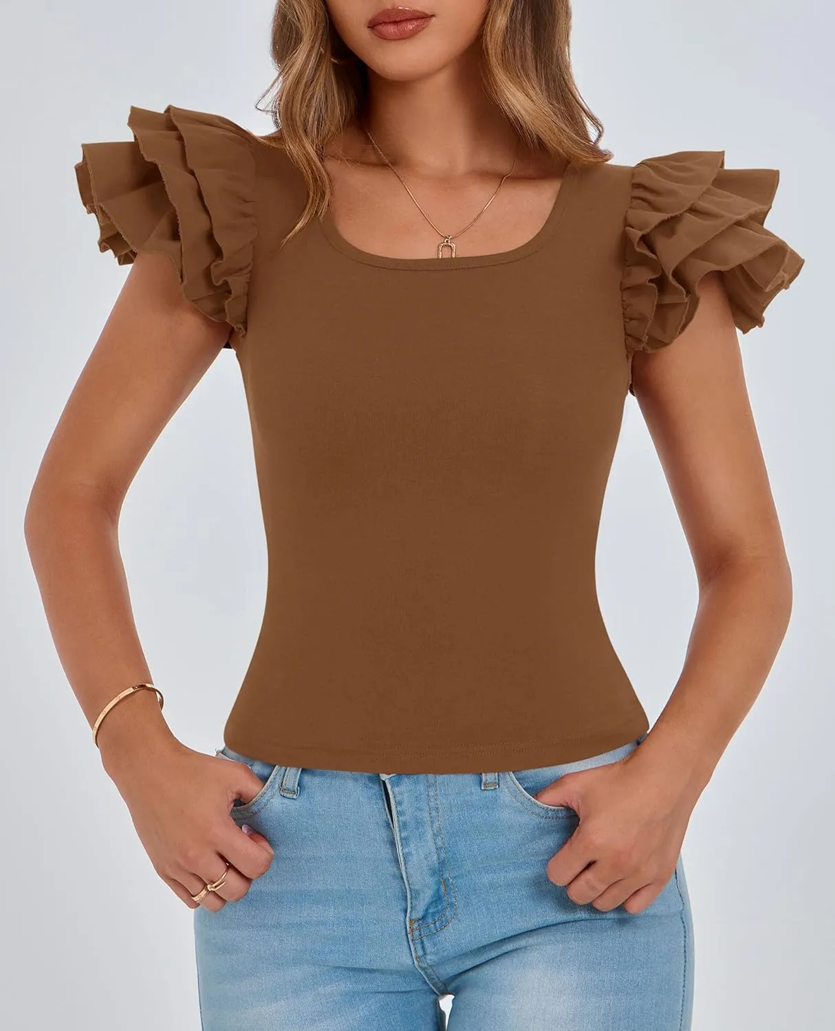 PRETTYGARDEN Womens Ruffle Short Sleeve Crew Neck Shirts 2025 Summer Casual Basic Tee Cute Fitted Fashion Tops Clothes