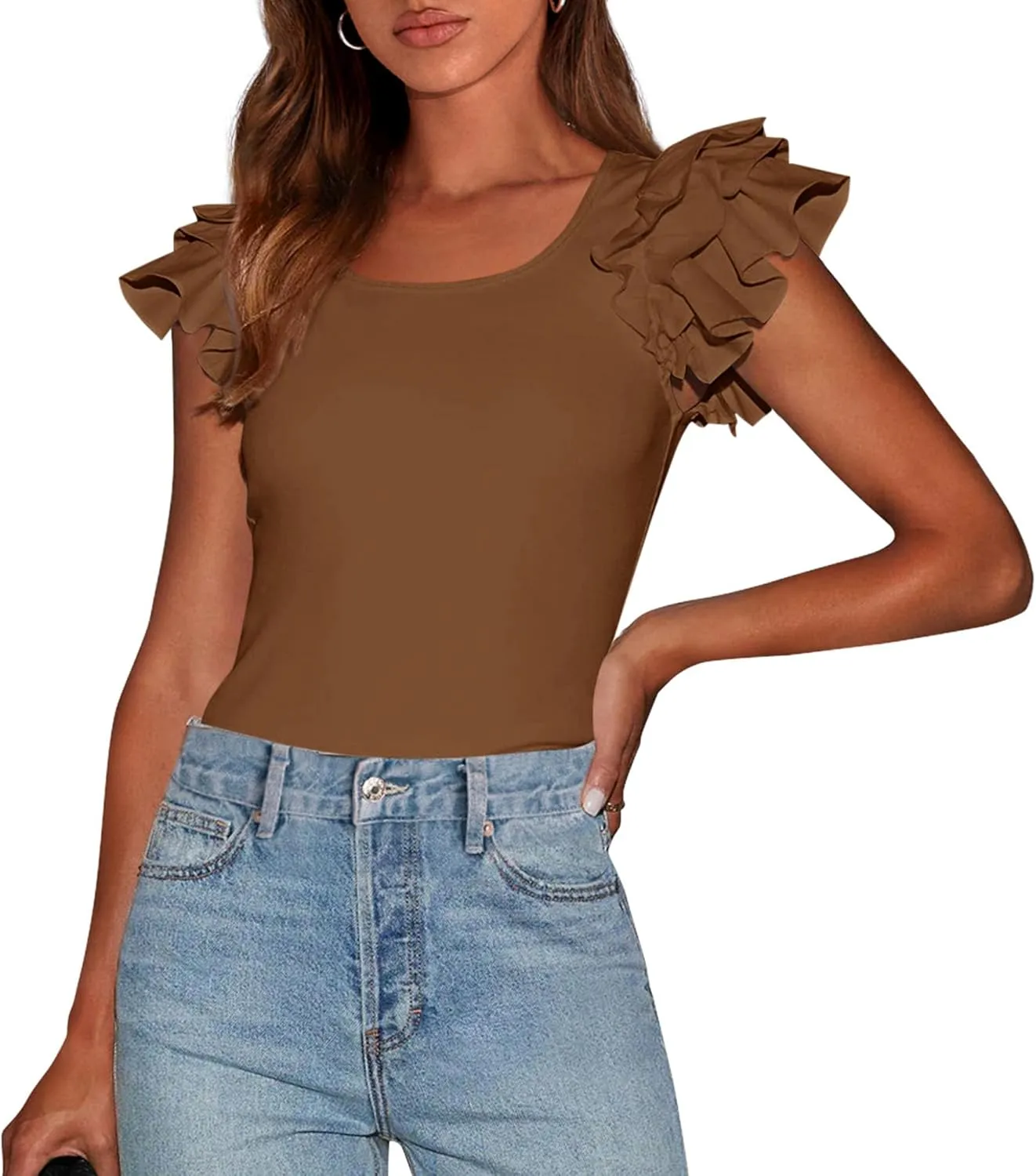 PRETTYGARDEN Womens Ruffle Short Sleeve Crew Neck Shirts 2025 Summer Casual Basic Tee Cute Fitted Fashion Tops Clothes