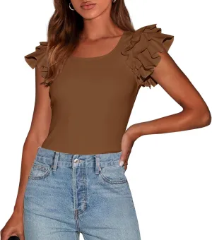 PRETTYGARDEN Womens Ruffle Short Sleeve Crew Neck Shirts 2025 Summer Casual Basic Tee Cute Fitted Fashion Tops Clothes