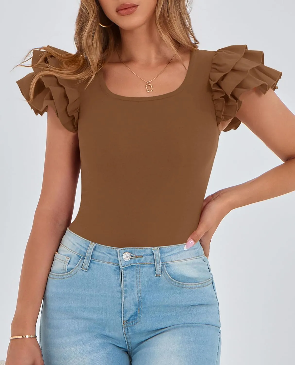 PRETTYGARDEN Womens Ruffle Short Sleeve Crew Neck Shirts 2025 Summer Casual Basic Tee Cute Fitted Fashion Tops Clothes