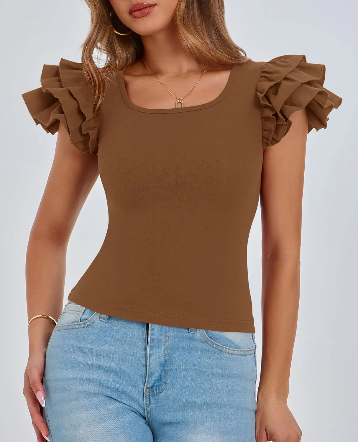 PRETTYGARDEN Womens Ruffle Short Sleeve Crew Neck Shirts 2025 Summer Casual Basic Tee Cute Fitted Fashion Tops Clothes