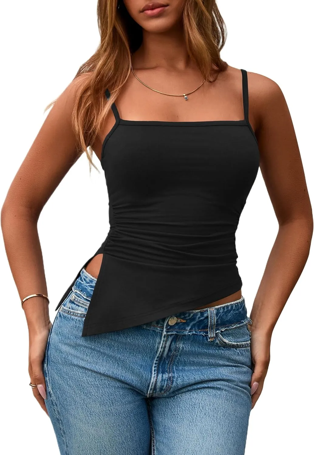 PRETTYGARDEN Women's Summer Spaghetti Strap Tank Tops Sleeveless Camisole Blouses Asymmetrical Going Out Basic Tank Shirt