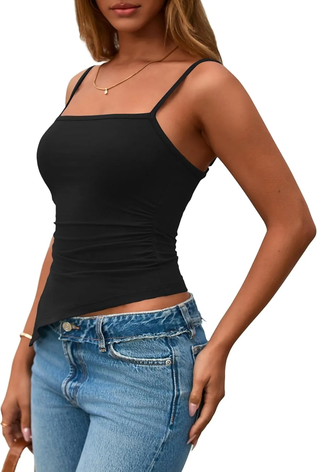 PRETTYGARDEN Women's Summer Spaghetti Strap Tank Tops Sleeveless Camisole Blouses Asymmetrical Going Out Basic Tank Shirt