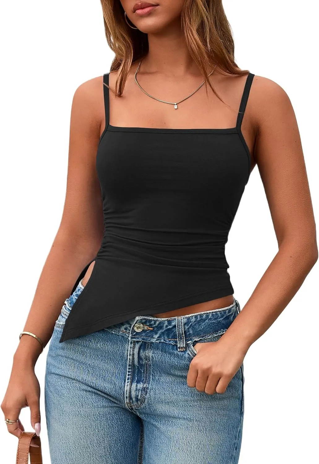 PRETTYGARDEN Women's Summer Spaghetti Strap Tank Tops Sleeveless Camisole Blouses Asymmetrical Going Out Basic Tank Shirt