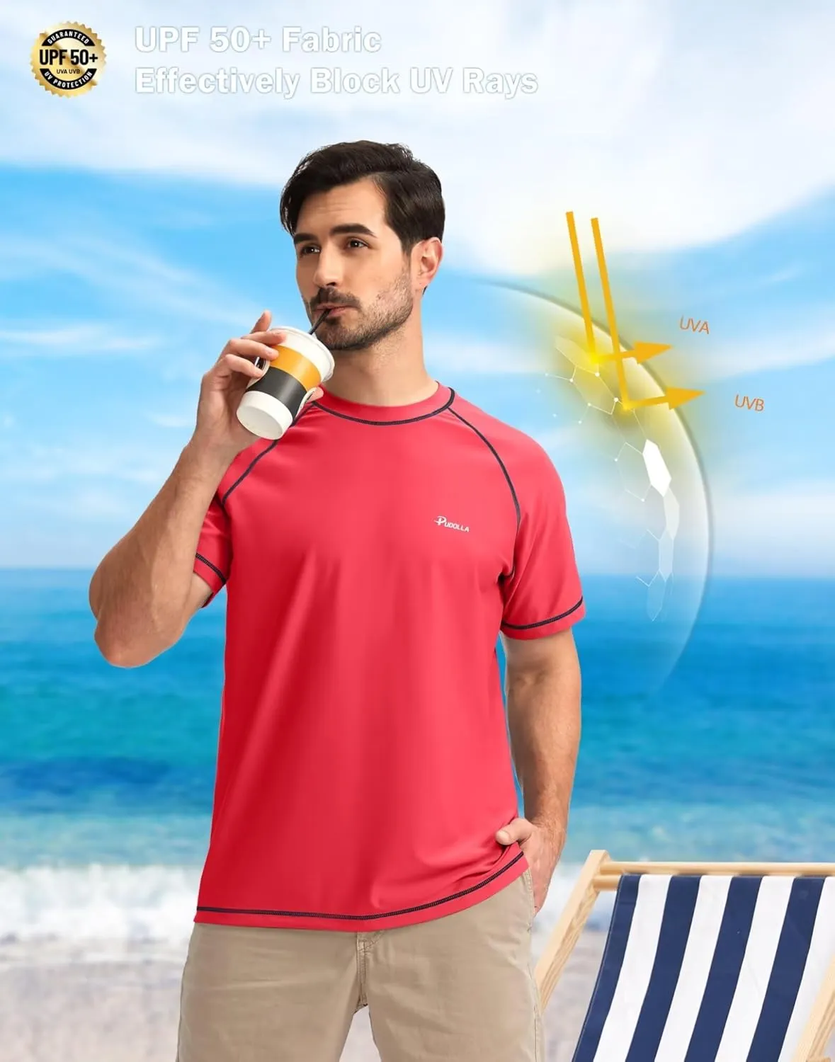 Pudolla Men's Swim Shirts Rash Guard Shirts for Men UPF 50  Sun Protection T-Shirts Quick Dry Beach Surf Water Shirt