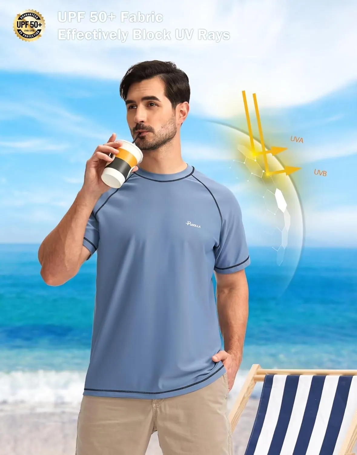 Pudolla Men's Swim Shirts Rash Guard Shirts for Men UPF 50  Sun Protection T-Shirts Quick Dry Beach Surf Water Shirt