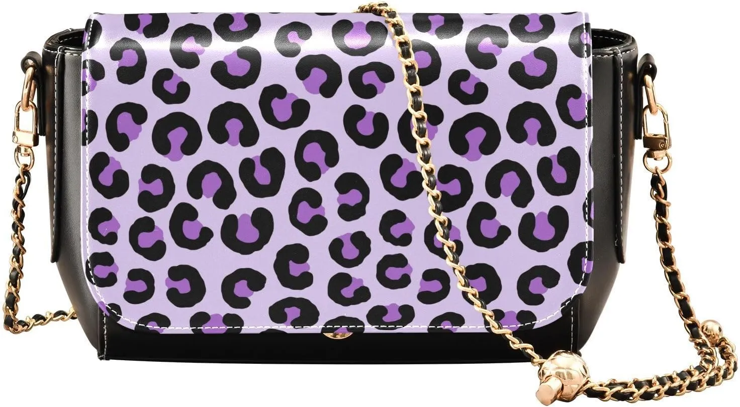Purple Leopard Pattern Crossbody Bags for Women, Trendy Small Shoulder Bag, PU Leather Clutch Purse Underarm Handbag Satchel HandBag with Adjustable Metal Chain