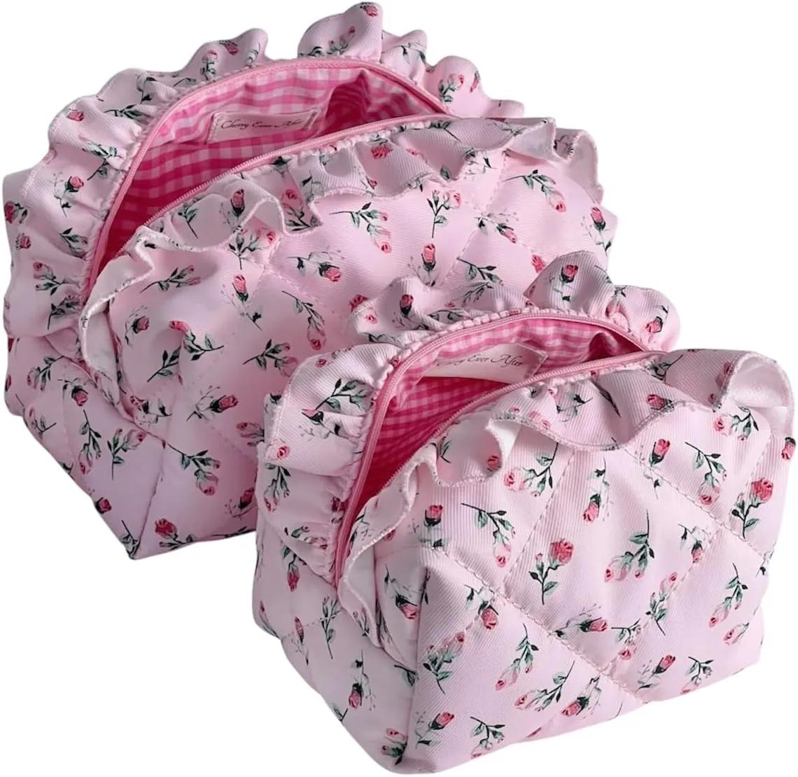 Quilted Pink Rose Ruffle Makeup Bag Set of 2, Cotton Girly Floral Pouches for Purse, Cute Toiletry Bag Set, Coquette Pouches for Organization, Travel Pouch, Aesthetic Gifts for Women & Teen Girls