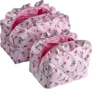 Quilted Pink Rose Ruffle Makeup Bag Set of 2, Cotton Girly Floral Pouches for Purse, Cute Toiletry Bag Set, Coquette Pouches for Organization, Travel Pouch, Aesthetic Gifts for Women & Teen Girls