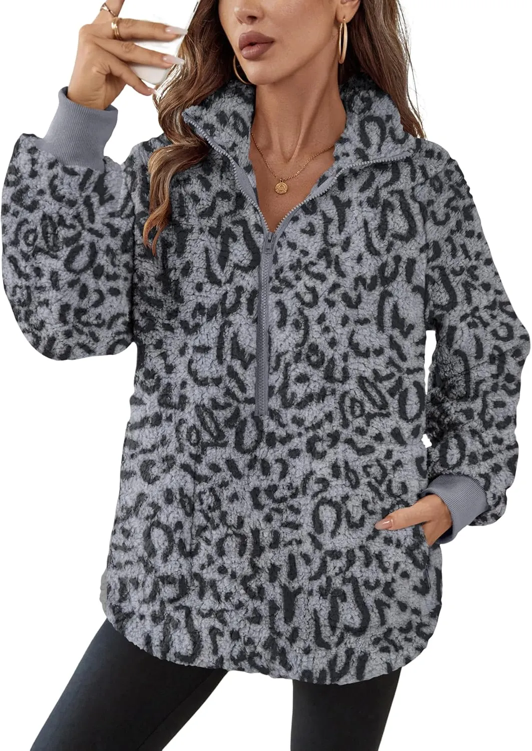 Rapbin Women Half Zip Pullover Long Sleeve Casual Fuzzy Sherpa Fleece Jacket Sweatshirts Winter Outerwear Top with Pockets