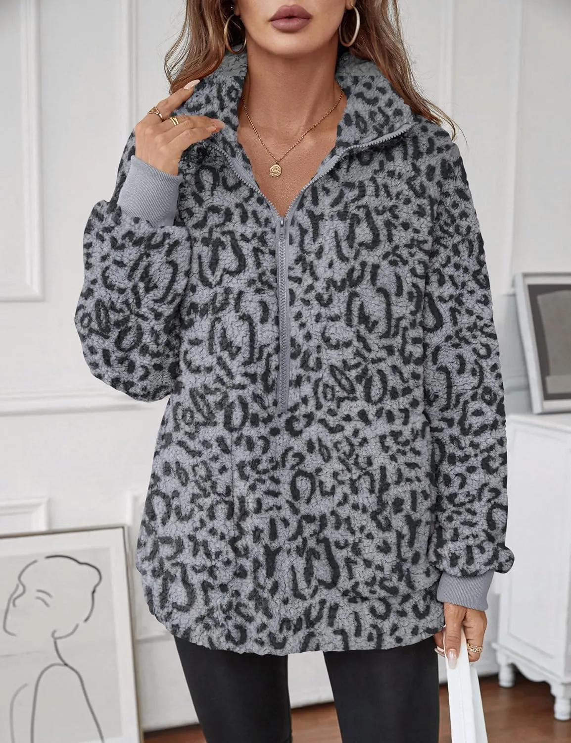 Rapbin Women Half Zip Pullover Long Sleeve Casual Fuzzy Sherpa Fleece Jacket Sweatshirts Winter Outerwear Top with Pockets