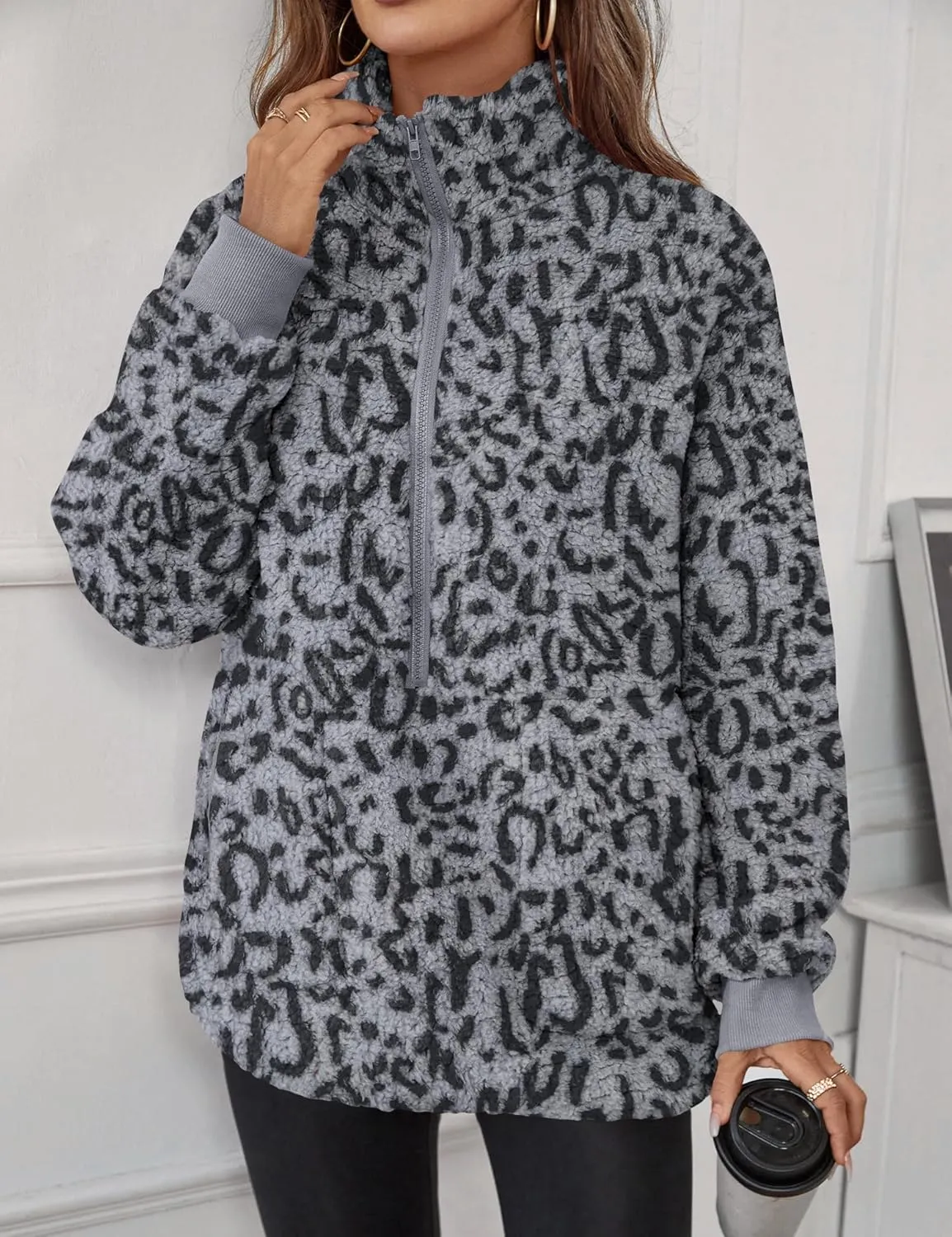 Rapbin Women Half Zip Pullover Long Sleeve Casual Fuzzy Sherpa Fleece Jacket Sweatshirts Winter Outerwear Top with Pockets