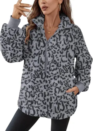 Rapbin Women Half Zip Pullover Long Sleeve Casual Fuzzy Sherpa Fleece Jacket Sweatshirts Winter Outerwear Top with Pockets